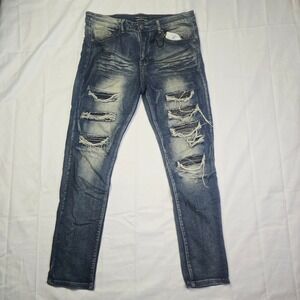 Street Jeans Men's Skinny Fit Denim Jeans 34‎ X 32 Blue Distressed Ripped J41
